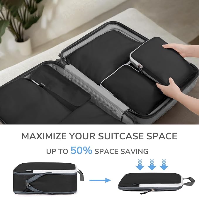 7 Set Compression Travel Packing Cubes for Suitcases, Black | Travel Essentials for Suitcase, Luggage Organizer Bags for Travel with Shoe Bag, Travel Bags for Shoes, Clothing - Image 6