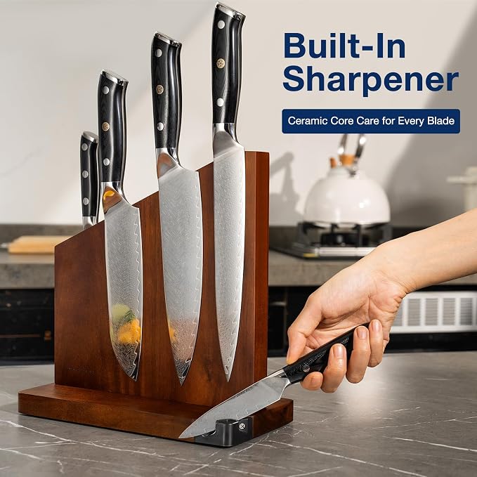 Magnetic Knife Block with Sharpener, Double Sided, Dark Acacia | Multi-Row Magnet, Hold 12 Knives as Damascus & Heavy Cleaver, No Slip, Countertop Kitchen Organizer, No Installation, Gift - Image 5