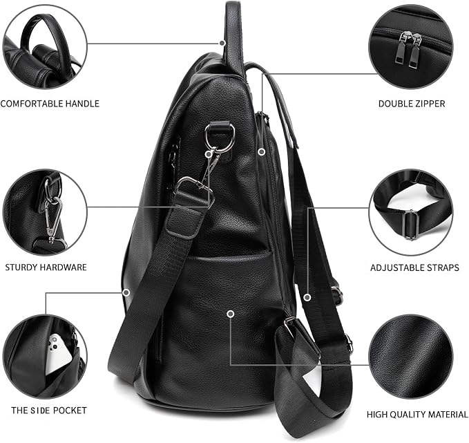 PINCNEL Women Backpack Purse Waterproof Nylon Anti-theft Rucksack Lightweight Shoulder Bag, Medium, Black - Image 3