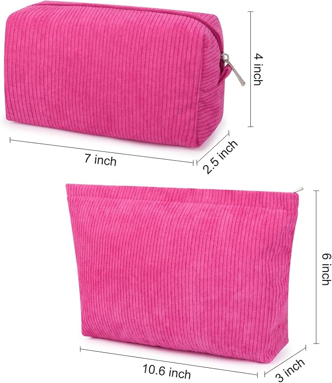 SOIDRAM 2 Pcs Corduroy Makeup Bag Large Cosmetic Bag Toiletry Bag Makeup Pouch Travel Bag Organizer Cute Makeup Brushes Aesthetic Accessories Storage Bag for Women Rose Red - Image 3