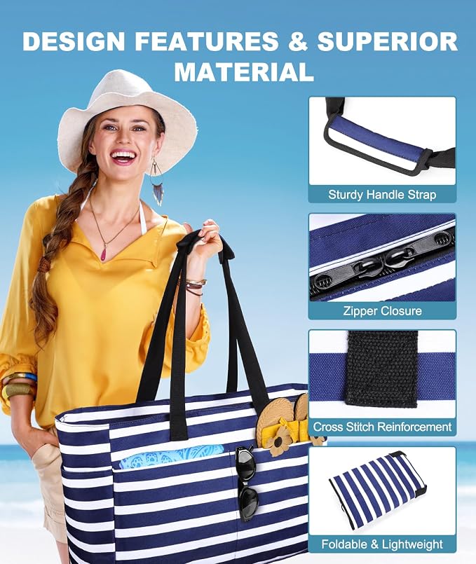 ISEYOU Extra Large Beach Bag Waterproof Beach Totes Bags for Women, Lightweight Foldable Pool Bag with Zipper Wet Compartment - Image 7