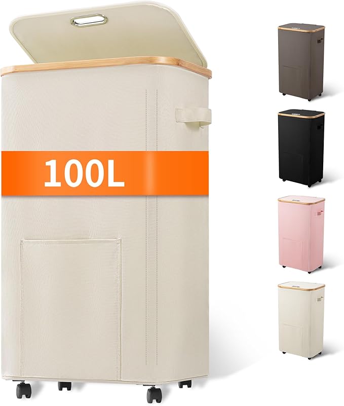 Vincona Laundry Basket with Wheels, Tall Dirty Clothes Hamper on Wheels, Rolling Laundry Hamper with lid for Dorm, Bedroom and Bathroom (Beige, 100L) by Vincona
