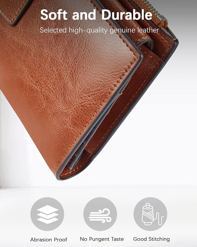 BOSTANTEN Womens Leather Wallet RFID Large Capacity Credit Card Holder | 20 Card Slots, Phone Holder, Zipper Coin Pocket, Clutch Wallet, Long Bifold, Ladies Gifts, Brown Orange - Image 3