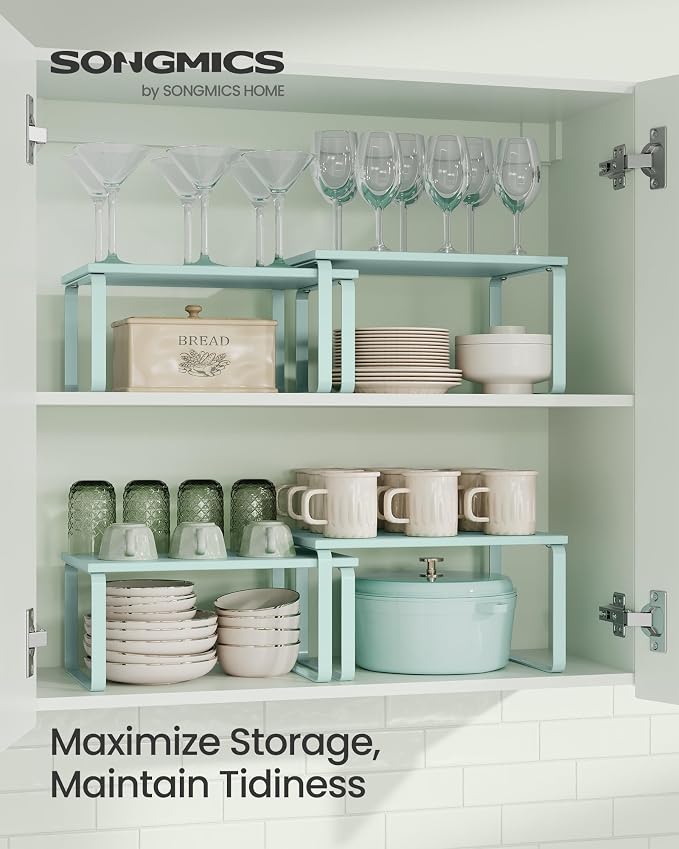 SONGMICS Cabinet Organizer Shelf, Set of 2 Spice Rack, Kitchen Storage | Kitchen Counter Storage Spice Rack, Bamboo, Steel, Moonlight Green, BYSTRO Collection UKCS002C01 - Image 2