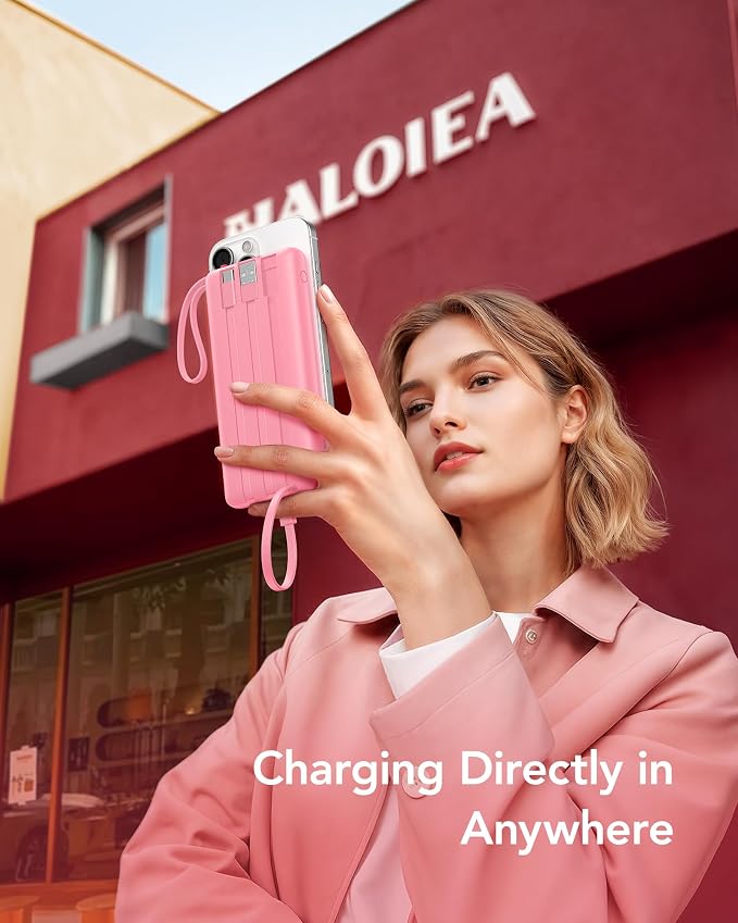 VRURC Portable Phone Charger, Built-in 4 Cables USB C Power Bank 10000mAh | Slim Power Bank for Travel,5 Output 2 Inpput Charging Bank,Multi Devices Battery Pack for iPhone,Android-Barbie Pink(1 Pack) - Image 6
