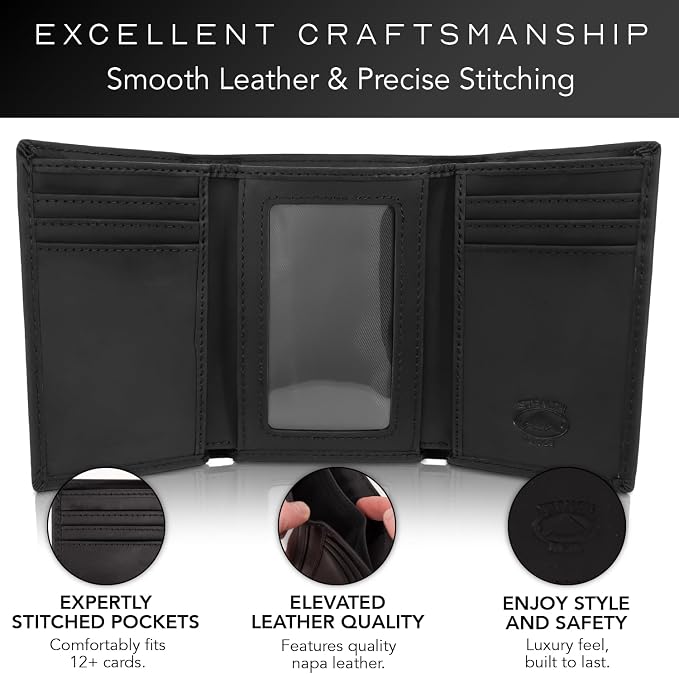 Stealth Mode Trifold RFID Blocking Leather Wallet for Men (Black) | Top Grain Napa Leather, 9 Card Slots, ID Window, Gift Box – Gift for Dad, Husband, or Son - Image 3