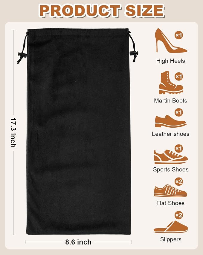 6 Pcs Single Shoe Bags for Travel, Velvet Bag, Black Beauty, 17.3x8.6 Inch | Washable & Reusable Travel Shoe Bags, Dustproof Shoe Bags with Drawstring Closure, Suitable for Travel, Home Storage - Image 8