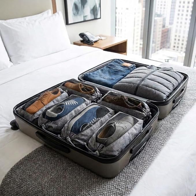 LeanTravel Shoe Bags with Mesh Window, Drawstring Cord Lock, Set of 6, Grey - Image 8