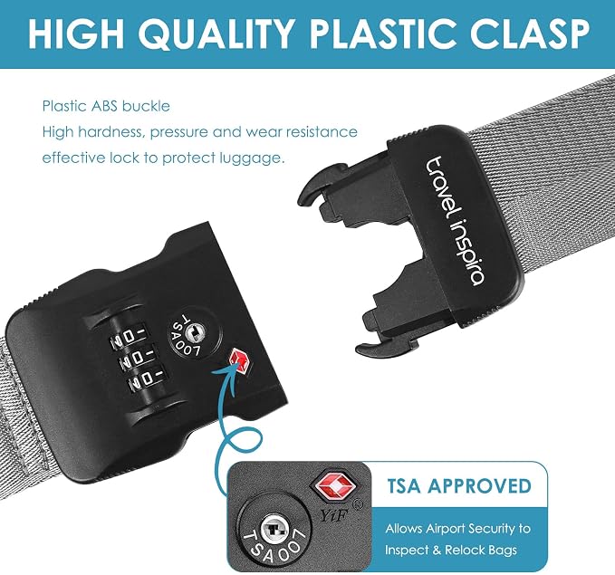 Travel Inspira Anti-Theft Suitcase Belt with TSA Lock | Heavy-Duty Nylon; Gray Strap; TSA-Approved Lock with Tag; Adjustable 103-200cm; Secure Gray Strap; 20-28 Inch Bags - Image 6