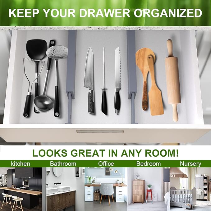 Bamboo Drawer Dividers Organizers, Expandable Drawer Separators Splitter,17-22 inches Long Adjustable Spring-loaded Organizer for Large Utensil, Clothes, Tools Drawers (Grey) - Image 6