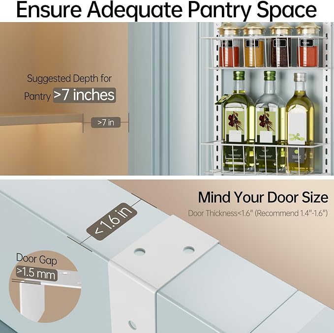 Delamu Pantry Door Organizer, Adjustable Metal Over the Door Pantry Organizer Rack, 6-Tier Over the Door Spice Rack, Kitchen Pantry Door Organizers and Storage, D5 W12 H52.1 inch, White, Small - Image 5