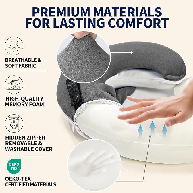 Travel Neck Pillows for Airplanes, Memory Foam 360° Head Support Sleep for Long Flight, Skin-Friendly & Breathable, Kit with Eye Mask, Earplugs and Storage Bag (Adult, Grey, 90+ lbs) - Image 4