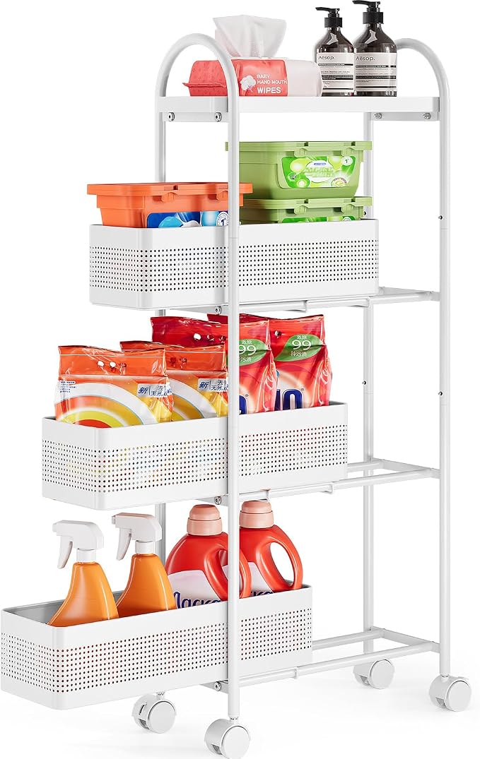 KINGRACK 4 Tier Slim Rolling Cart with Drawer, Metal Utility Storage Cart | 3 Pull-out Baskets, Lockable Wheels, Narrow Space Trolley Organizer for Bathroom, Kitchen, Office, Dorm, Laundry Room, White by KINGRACK