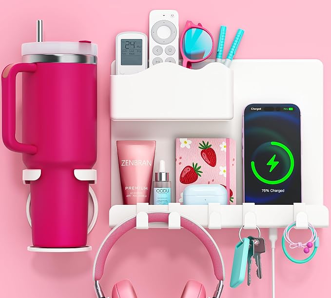 Bedside Wall Shelf for Teen Girls Dorm Room Essentials Bunk Bed Stuff | No Drill Floating Shelves with Cup Holder, Aesthetic Cute Girls Room Decor Aesthetic Stick Bedroom Accessories Organizer by MOFOROCO