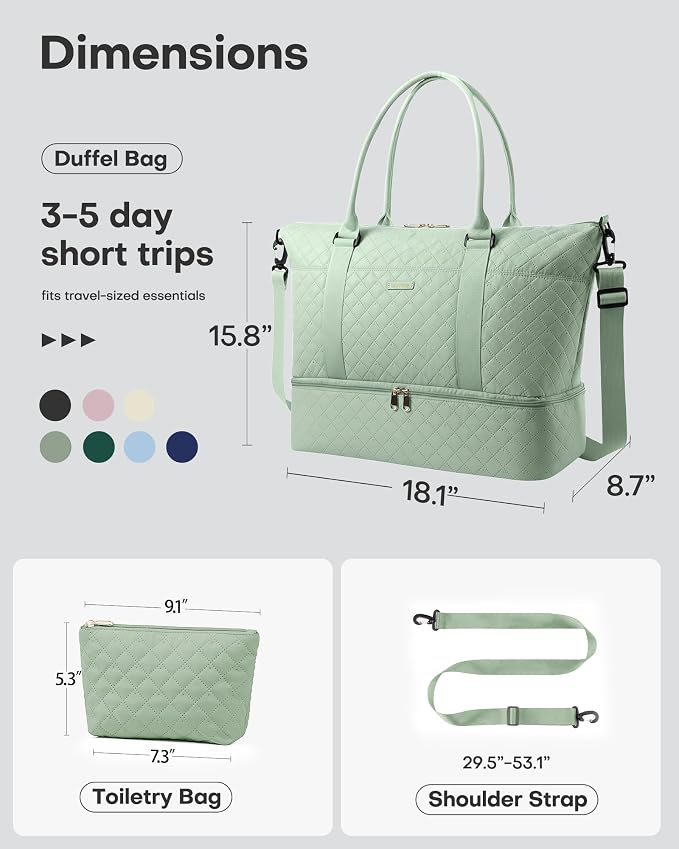 HOTOR Travel Duffel Bag - Weekender Bags for Women, Carry On Gym Tote Bags | with Toiletry Bag & Shoe Compartment, Overnight Bag for Travel Essentials and Travel Accessories, Green, 15.8"×18.1"×8.7" - Image 4