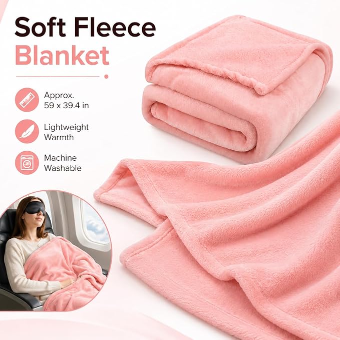 Travel Pillow and Blanket Set - Foot Hammock Rest Airplane Essentials, Pink | Memory Foam Neck Pillow Plane Foot Rest Airplane Accessories Essentials, Foldable Duffel Bag Eye Mask Earplugs for Comfort - Image 5