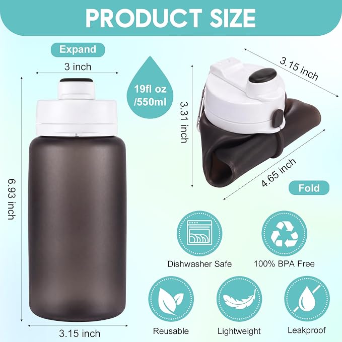 LemonRoad 2 Pcs 19 oz Silicone Collapsible Water Bottle, Green Gray | Portable Foldable Water Bottle, Leakproof, Carabiner, Reusable, Lightweight, for Travel Sport Hiking Camping Cycling Office - Image 2