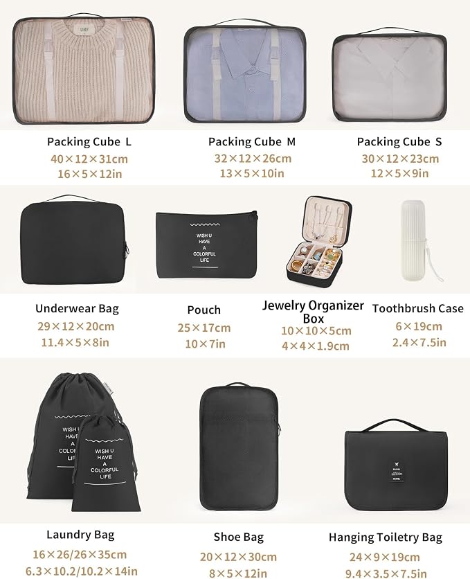 Packing Cubes 11 Set, Suitcase Organizers, Luggage Organizer Bags, with Toiletry Bag, Travel Essentials, Black - Image 2