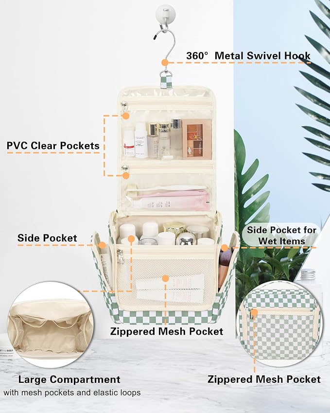 Relavel Travel Toiletry Bag for Women Makeup Bag Cosmetic Organizer Toiletries Bag with Hanging Hook for Travel Size Essentials Accessories Shower Caddy Bag for Bathroom Beach Gym, Green Checkerboard - Image 2