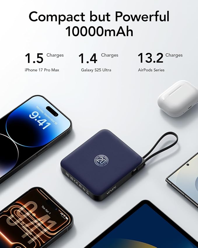 VRURC 10000mAh Portable Charger for iPhone with Built-in Cables | 22.5W Fast Charging Power Bank, LED Display, Compact Battery Pack for iPhone 17/16/15 Series, Samsung Galaxy Devices(Navy) - Image 7
