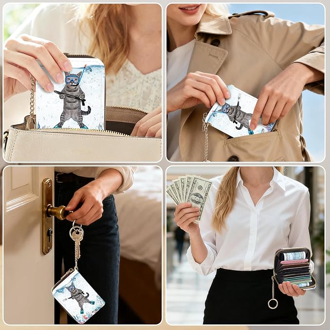 Credit Card Holder for Women,Small Rfid Wallet with Keychain Zipper,Cute PU Leather Card Case Wallet，Accordion Credit Card Wallets Gift,Diving Cat - Image 5