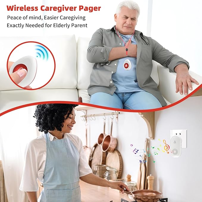 Wireless Caregiver Pager SOS Call Button for Elderly Monitoring 1000+ Feet Life Alert，Emergency Alert System Call Bell for Nurse Patient Disabled 1 Waterproof Transmitter & 1 Plugin Receiver - Image 2