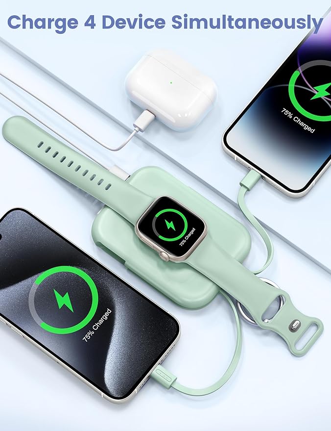 RORRY CharmGo Portable Charger, 5000mAh Portable Charger Power Bank | Built-in Cables,Travel Keychain Battery Pack Essentions for Apple Watch 1~11 Series/Ultra/SE & iPhone Air/17/16/15/14/13/12 - Image 4