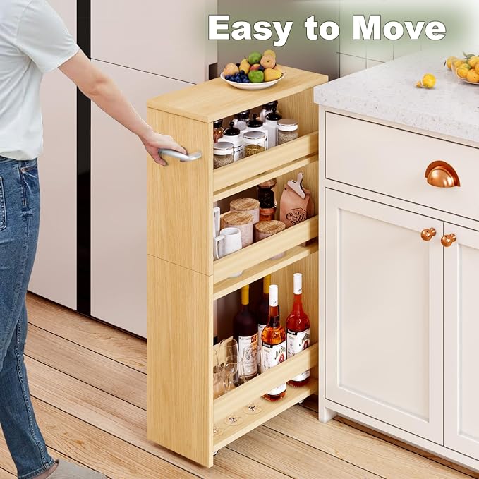 MARTY Slim Rolling Storage Cart, Wood Utility Kitchen Bathroom Laundry Cart | 4 Tier Kitchen Cart with Wheels Handle, Laundry Room Organization Between Washer and Dryer, Narrow Storage Cabinet, 8” Wide - Image 2