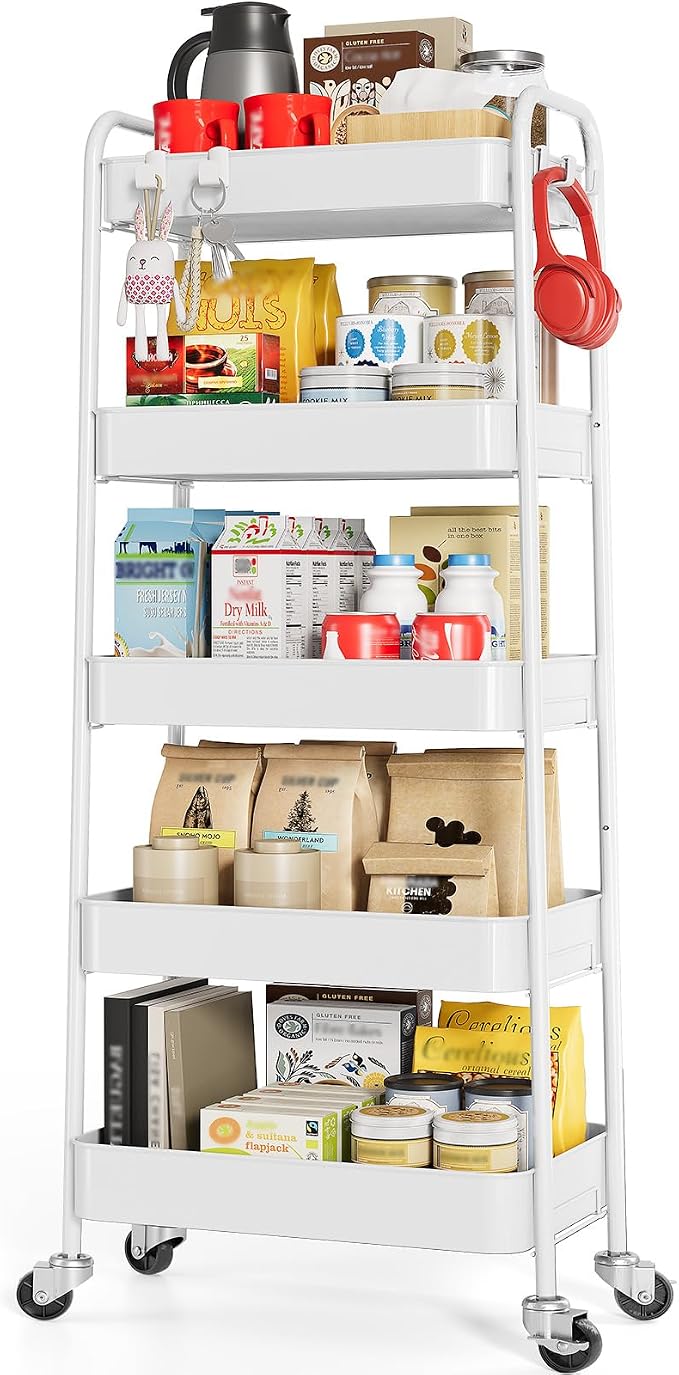 TOOLF 5-Tier Metal Rolling Cart with Wheels, Storage Utility Organizer Cart for Kitchen, Bathroom, Office, Baby Essentials & Makeup - Lockable Casters, Easy Assembly, Large Capacity, White by TOOLF