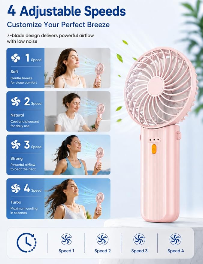 Portable Mini Fan, Quiet Foldable Fan with Lanyard (Pink) | 4 Speeds, 15H Rechargeable Battery, Portable Pan for Travel, Home, Office, Outdoor, Makeup, Women, Men, Pink - Image 2