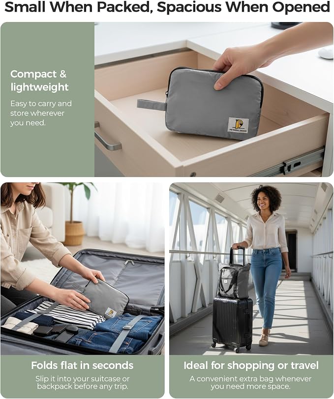 Foldable Travel Bag, 26L Lightweight Weekender Duffel, Expandable Second Carry-On Bag for Travel & Shopping, Water-Resistant Personal Item Bag, Gray - Image 2