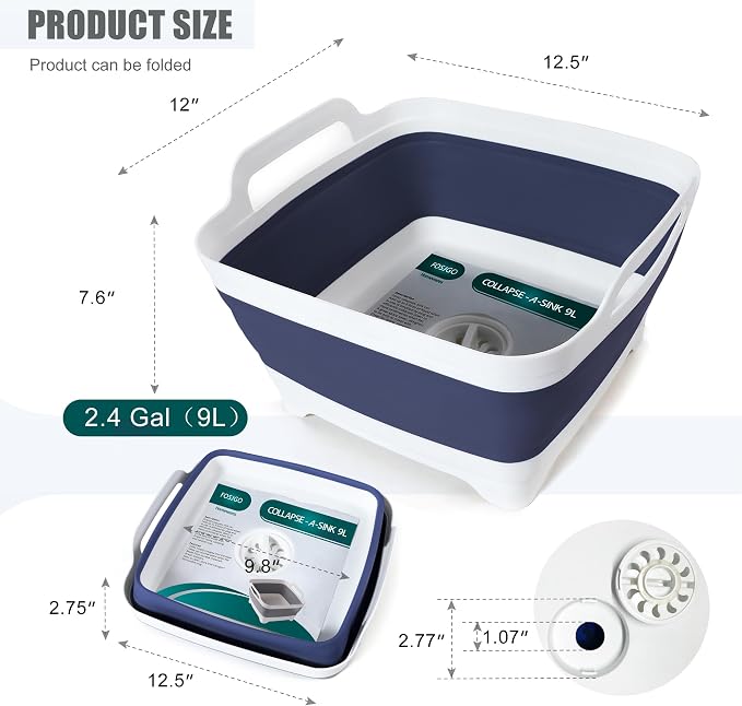 FOSJGO Collapsible Dish Basin with Drain Plug, Foldable Sink, 2.4 Gal (9L) | Space-Saving Wash Basin for Kitchen, Baby Bottles, Vegetable Washing, Camping, RV and Party Beverage Tubs - Image 2
