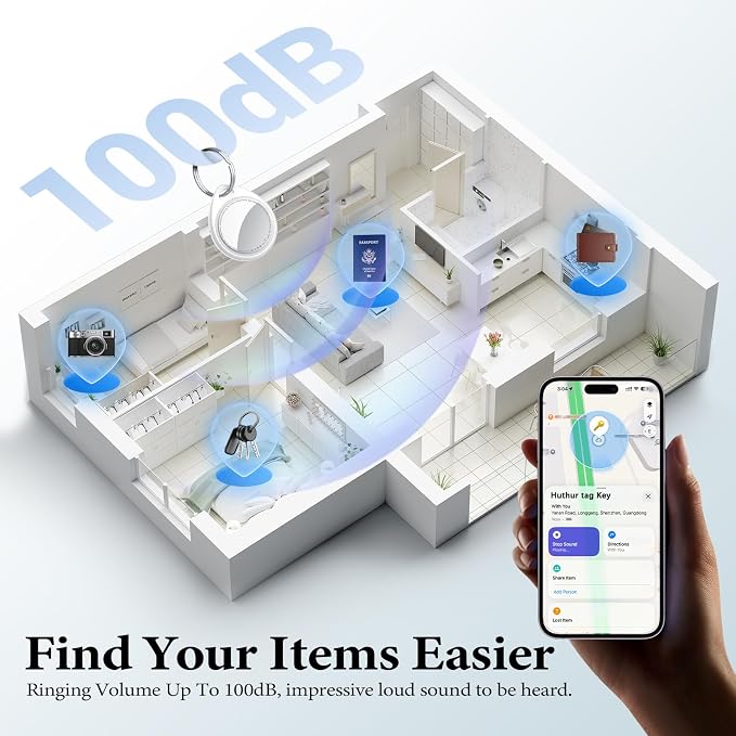 Air Tracker Tags-4 Pack Work with Apple Find My (iOS Only) 100dB Sound | 5.3 Smart Bluetooth Tracker, Smart Tag with Keychain/Lanyard, Item Finder for Luggage/Key/Suitcase, Replaceable - Image 3