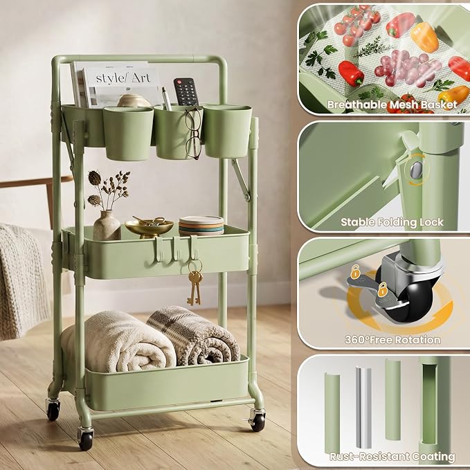 Foldable 3 Tier Rolling Cart, Metal Utility Cart with Wheels | Collapsible Rolling Storage Cart with 3 Hanging Cups, Folding Storage Trolley Organizer Cart for Home Office Kitchen(Green) - Image 4