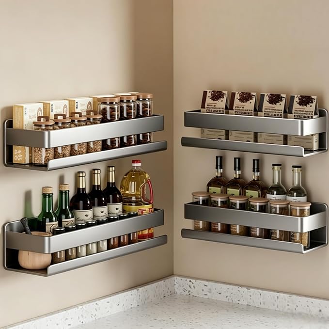 Adhesive Wall Mount Spice Rack Carbon Steel, No-Drill Dark Gray Wall Spice Racks for Kitchen, Multi-Purpose Spice Storage Organizer, Kitchen Bathroom Storage Shelf for Countertop Cabinet by Unknown