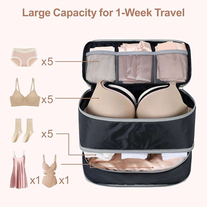Cambond Travel Underwear Organizer Bag - Bra Organizers for Luggage | Fits A to 36D, 4-in-1 Soft Double Layer, Compression Zip Design, Expandable Compartments Keep Clothes Sorted, Luggage Tidy - Image 2