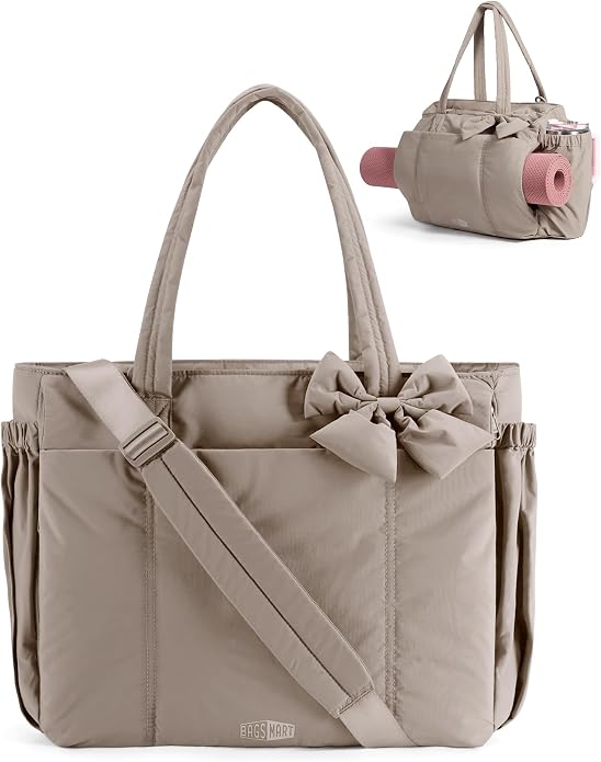 BAGSMART Crush Bow Tote Bag for Women, Puffer Travel Work Yoga Laptop Bag | Large Bow Tote Fits 40oz Tumbler, 15.6" Laptop, Yoga Mat Sleeve, Waterproof Pocket, Travel Work Swim Gym Mom Shoulder Handbag by BAGSMART