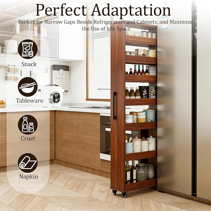 Rolling Spice Rack Next to Side of Fridge Storage Slim Narrow Shelf Lightweight 7 Tier Wooden Storage Cart for Kitchen, Dining Room, Bathroom, Small Spaces (Teak, 72.4" H x 9.8" W x 21.6" D) - Image 6