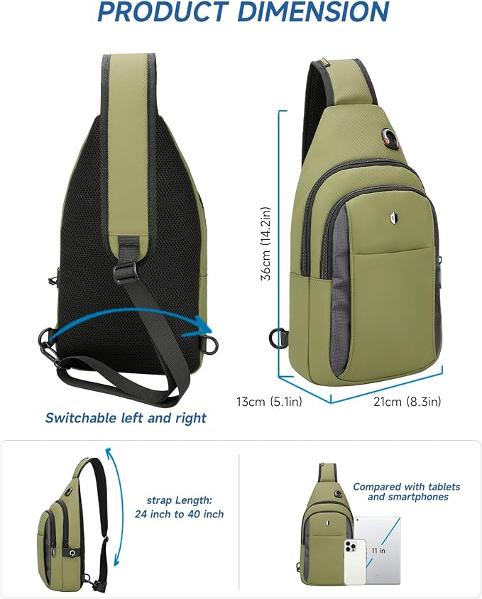 Anti-Theft Tactical Sling Bag for Men&Women, Water Resistant Crossbody Mini Backpack, Travel Hiking Lightweight Chest Pack,Built-in Audio Port, Reversible Strap, Fits 11 inch iPad & Switch 2 - Image 4
