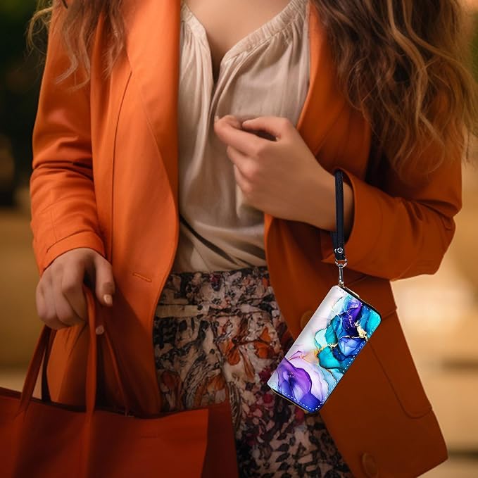 Wallet,Leather Long Wallet Suitable For Ladies And Teenagers - Detachable Wristband + RFID Travel Wallet With Card Slot - Colorful Marble - Image 6