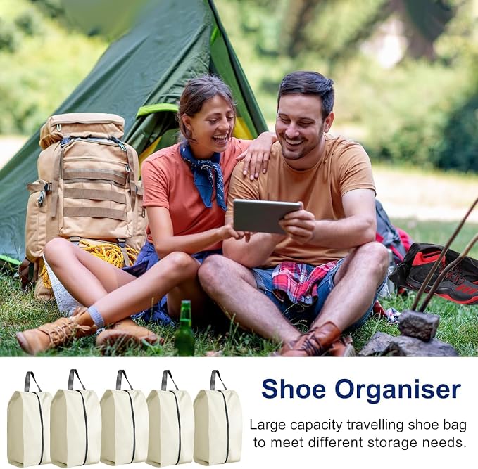 5Pcs Large Travel Shoe Bags Portable Travel Gifts Shoe Organizer with Zipper Closure, Waterproof Nylon Shoe Storage Organizer with Handle Travel Bags For Men and Women, Beige - Image 5