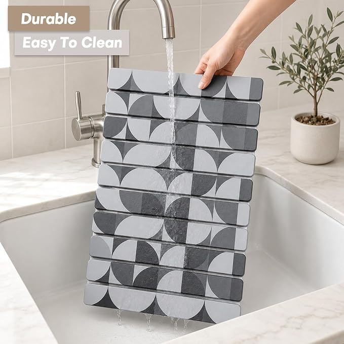Large Stone Dish Drying Mat for Kitchen Counter, Quick Dry Diatomaceous Earth Dish Drying Pad, Foldable Water Absorbing Organizer Pad for Plates Bottles Utensils (Dark Gray Geometric 24"×16" & 8"×4") - Image 6