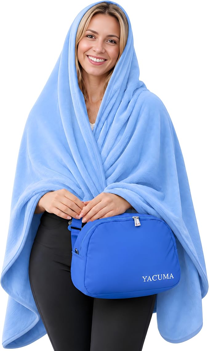 Travel Blanket Airplane, Soft 40" x 60" Flannel Travel Blanket, Lightweight Compact Blanket for Flights, Car Trips, Home & Office, Includes Carrying Pouch, Blue - Image 5