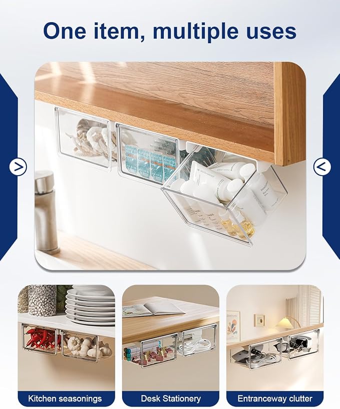 Hanging Cabinet Organizer – 33° Tilted Under Desk Drawer & Bathroom Storage – Self-Adhesive Clear Pull-Out Bins for Kitchen, Office & Vanity (Medium) - Image 6