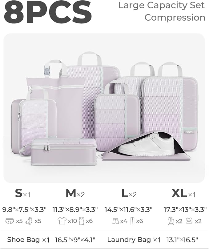 Percover Compression Packing Cubes for Travel, 8-Piece Structured Compression Organizer Set with Laundry Bag & Shoe Bag for Carry-On & Checked Luggage, Purple - Image 2