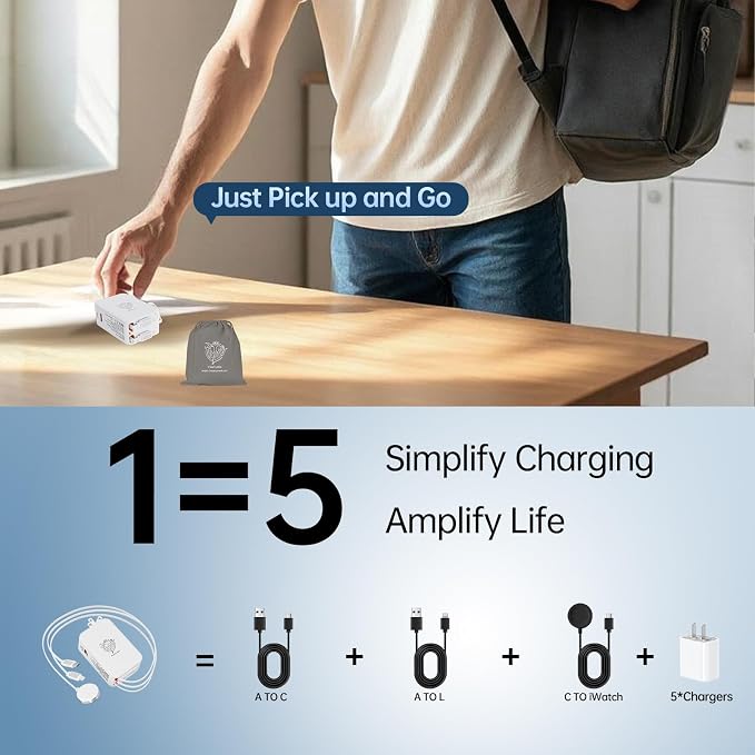 5-in-1 Retractable Apple Watch Charger, 35W Travel Wall Charger | Built-in 3.2ft USB-C, Older iPhone & Apple Watch Charging Cables, USB-A + USB-C Ports, Foldable Plug for Travel - Image 4
