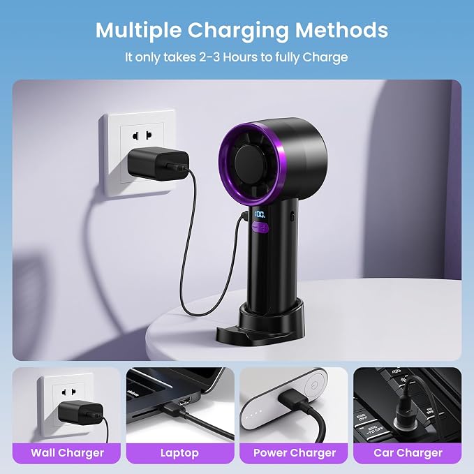 Handheld Fan Rechargeable, Mini Portable Hand Fan with 6 Speeds, USB-C Personal Fan with LED Display & Phone Stand, 12H Battery Travel Fan for Office, Makeup, Outdoor - Image 4
