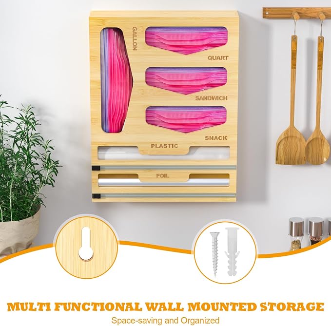 DALSHABET Bamboo Bag Organizer with Magnetic Closure, 6 In 1 Kitchen Drawer Foil and Plastic Wrap Dispenser with Cutter, Storage bag for Gallon, Quart, Sandwich, Snack Beige - Image 5