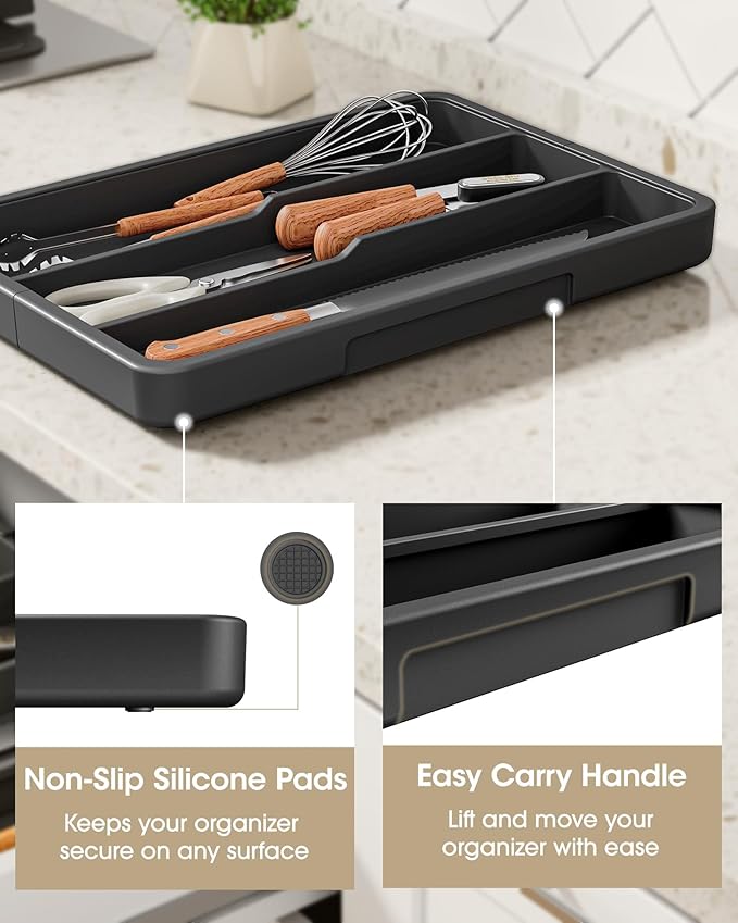 Aujen Silverware Drawer Organizer, Adjustable Utensil Cutlery Tray | Expandable Kitchen Organizer for Forks Knives, Multipurpose Kitchen Storage, Apartment Essentials, Black, X-Large - Image 6