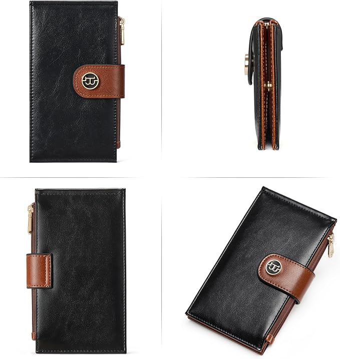 BOSTANTEN Leather Womens Wallet Large RFID Blocking Slim Card Holder | 16 Card Slots, 2 Zipper Pockets, Bifold, Long, Fits Most Purses, Organized Everyday Carry, Ladies Gifts, Black＆Brown - Image 6